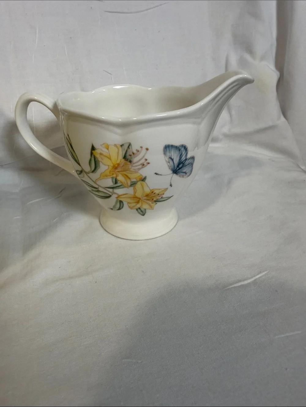 Lenox Butterfly Meadow Porcelain Creamer in White with Yellow and Pink